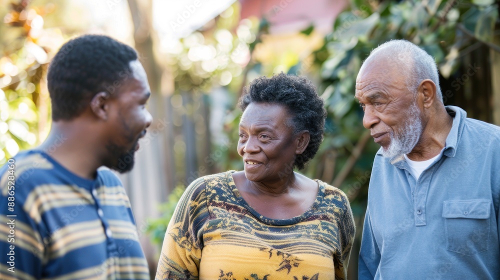 Adult child having a conversation with elderly parents Adult child having a conversation with elderly parents