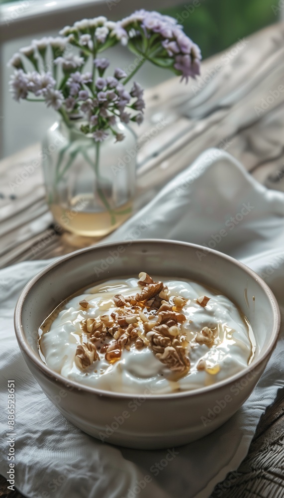 a bowl of yogurt sits on a table next to a vase of flowers a bowl of yogurt sits on a table next to a vase of flowers