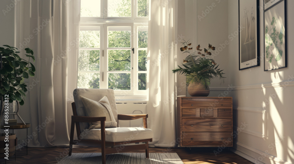 A sunlit room features a stylish armchair and rustic wooden dresser, enhanced by framed artwork and natural decor under soft, warm light.