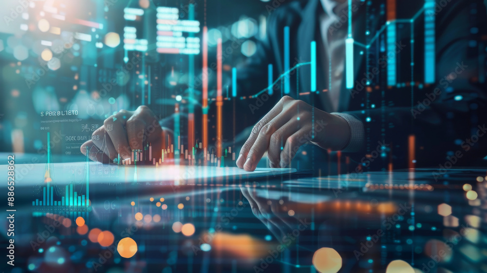 Hands typing on a tablet with glowing financial graphs and data overlays in a modern, tech-savvy workplace setting. Hands typing on a tablet with glowing financial graphs and data overlays in a modern, tech-savvy workplace setting.