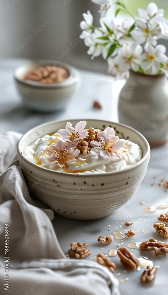 a bowl of yogurt with nuts and flowers in the background a bowl of yogurt with nuts and flowers in the background