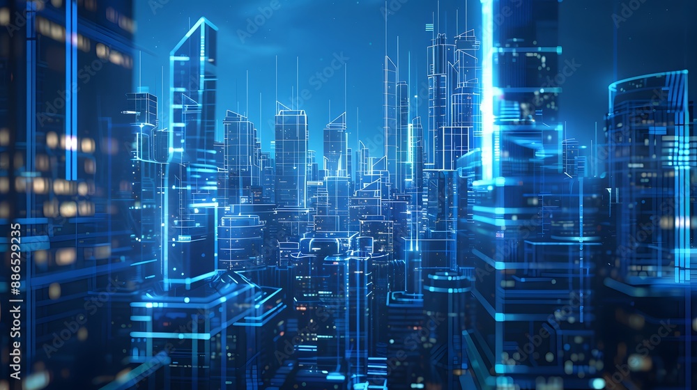 A cityscape with tall buildings and a blue sky. The city is lit up with lights, giving it a futuristic and modern feel A cityscape with tall buildings and a blue sky. The city is lit up with lights, giving it a futuristic and modern feel