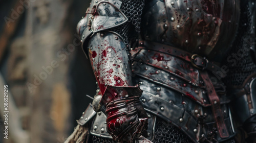 A knight’s gauntlet and chest plate dripping with blood, capturing the aftermath of a fierce medieval battle.