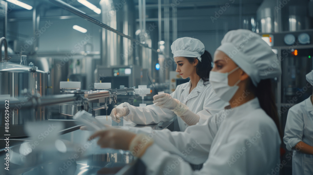 Lab technicians in white coats and caps meticulously process samples in a modern laboratory filled with gleaming equipment. Lab technicians in white coats and caps meticulously process samples in a modern laboratory filled with gleaming equipment.