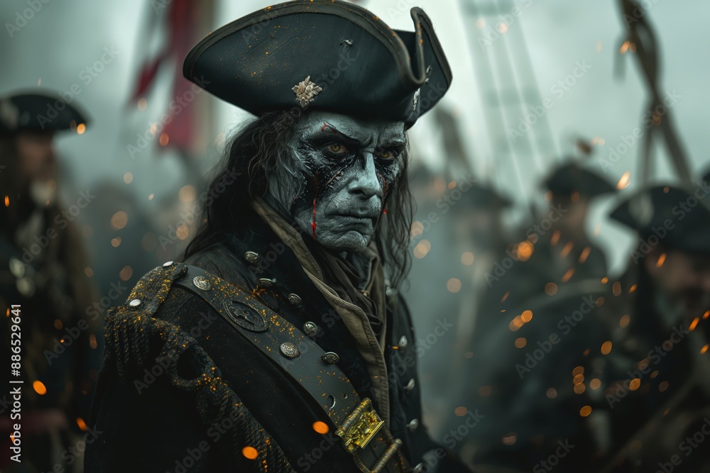undead zombie pirate captain sailing on ship in ocean covered with fog and mist