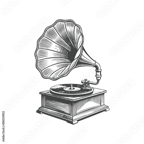 vintage gramaphone engraving hand drawn illustration vector