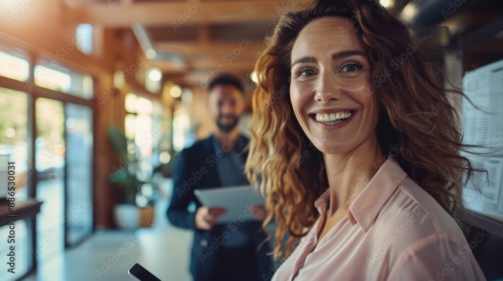 A beaming woman with curly hair holds a smartphone in a modern office, with a man using a tablet in the background, conveying a dynamic and collaborative workspace. A beaming woman with curly hair holds a smartphone in a modern office, with a man using a tablet in the background, conveying a dynamic and collaborative workspace.