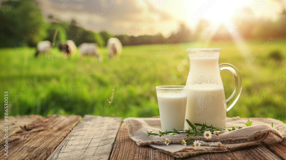 Glass and pitcher of fresh milk on wooden table with grass field and cows background. Stock photo --ar 16:9 --style raw Job ID: 24f32bf7-4ca4-4919-91eb-170971736ed3 Glass and pitcher of fresh milk on wooden table with grass field and cows background. Stock photo --ar 16:9 --style raw Job ID: 24f32bf7-4ca4-4919-91eb-170971736ed3