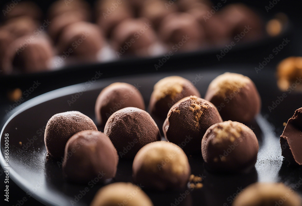 gourmet chocolate truffles dusted with cocoa powder, arranged on a sleek black plate gourmet chocolate truffles dusted with cocoa powder, arranged on a sleek black plate