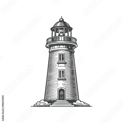 vintage light house engraving hand drawn illustration vector