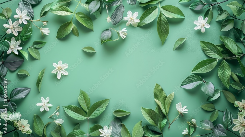 White flowers and green leaves in a circular frame against a mint green background. White flowers and green leaves in a circular frame against a mint green background.