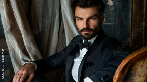 A confident man in a sleek black tuxedo sits poised against a luxurious curtain backdrop, exuding sophistication and timeless elegance.