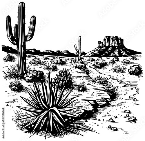Desert landscape with cactus and mountains
