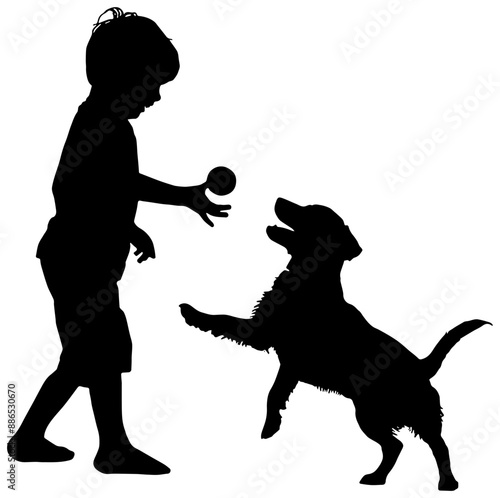 Silhouette of a child playing with a dog, isolated 