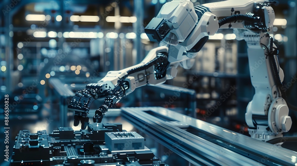 A robot is working on a piece of machinery. The robot is white and has a robotic arm A robot is working on a piece of machinery. The robot is white and has a robotic arm