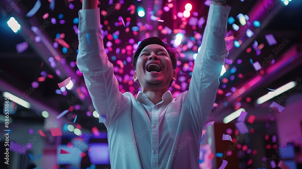 Obraz premium Successful Entrepreneur Celebrating Milestone with Enthusiastic Business Team