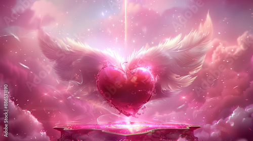 Fantasy Heart with Angel Wings in a Pink Dreamy Sky
 photo