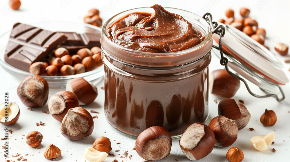 Homemade Chocolate Hazelnut Spread in a Jar with Fresh Hazelnuts and Chocolate Pieces
Homemade Chocolate Hazelnut Spread in a Jar with Fresh Hazelnuts and Chocolate Pieces