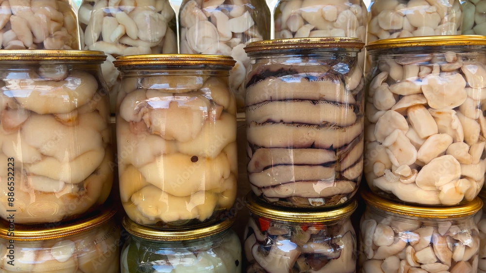 There are a lot of different canned mushrooms in jars. Homemade mushroom pickles. Harvesting mushrooms for the winter. Mushroom delicacies for the table. There are a lot of different canned mushrooms in jars. Homemade mushroom pickles. Harvesting mushrooms for the winter. Mushroom delicacies for the table.