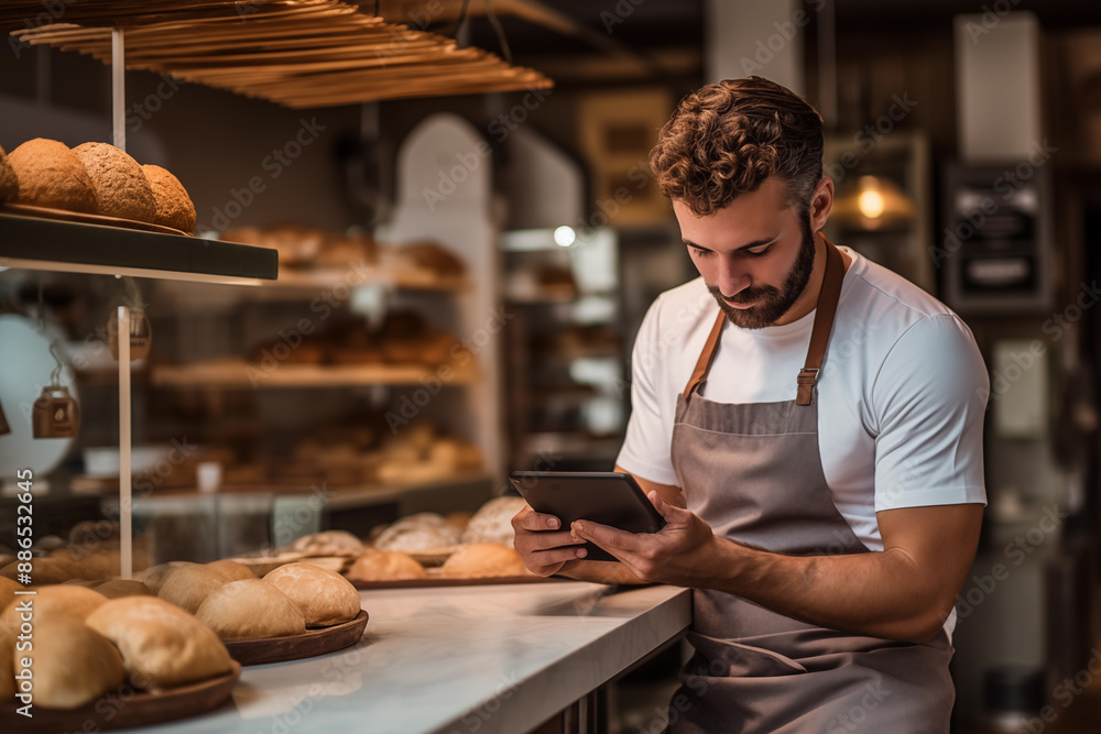 Baker Checking Orders On Tablet In Busy Bakery Shop