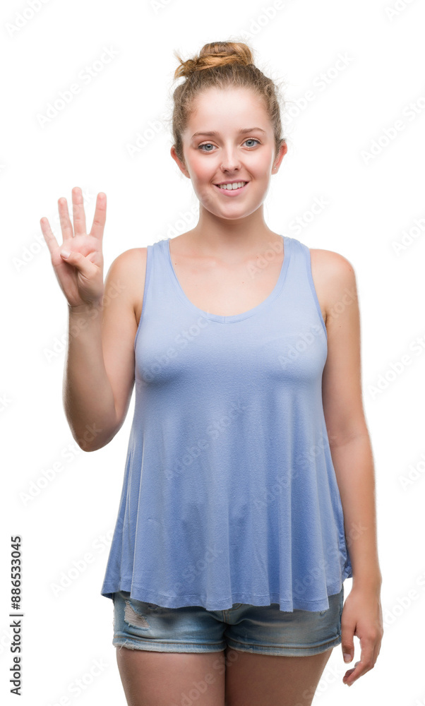 Young blonde woman showing and pointing up with fingers number four while smiling confident and happy. Young blonde woman showing and pointing up with fingers number four while smiling confident and happy.