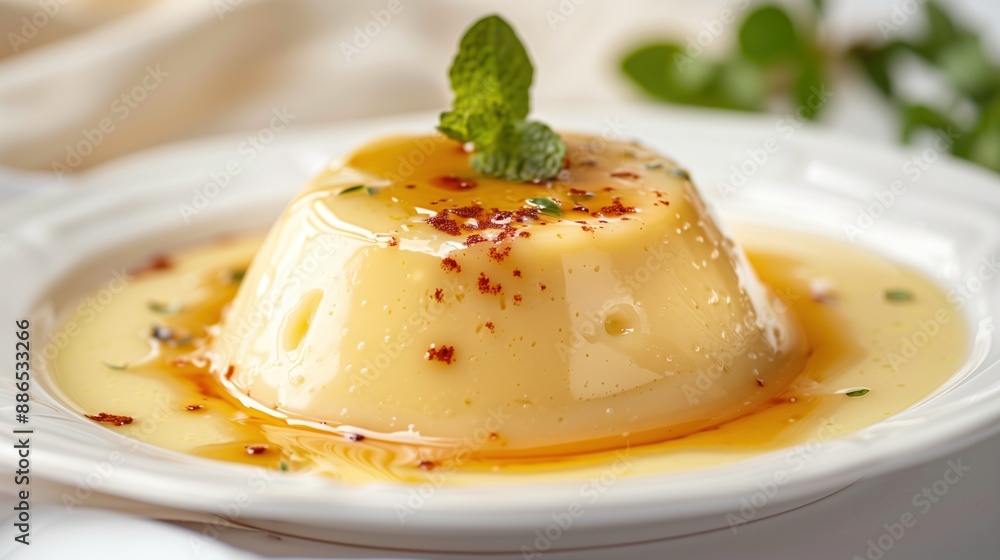 Delicious Fresh Custard Pudding Decorated with Mint and Sauce on White Plate Delicious Fresh Custard Pudding Decorated with Mint and Sauce on White Plate