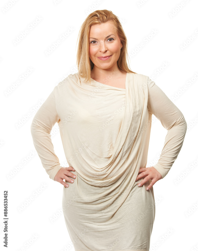 Portrait, woman and smile in studio plus size, fashion and cool for style with happiness or pride. Model person, trendy and stylish outfit on white background for elegant, happy face and confidence Portrait, woman and smile in studio plus size, fashion and cool for style with happiness or pride. Model person, trendy and stylish outfit on white background for elegant, happy face and confidence