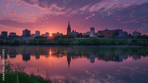 Saskatoon Skyline at Sunset With River Reflection