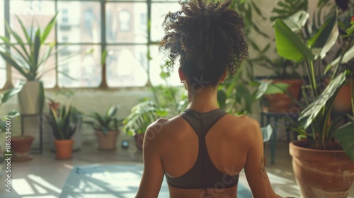 A woman with curly hair wearing a black sports bra practicing yoga in a sunlit room filled with potted plants.