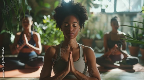A woman with curly hair in a yoga pose meditating with her eyes closed surrounded by two other women in a serene indoor setting with plants.