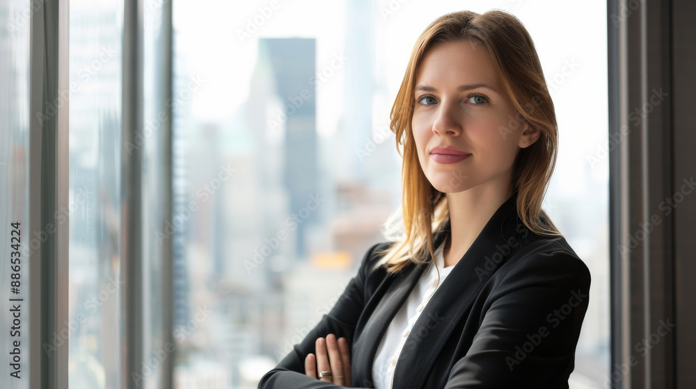 Confident woman in a black suit standing in front of a cityscape, conveying professionalism and determination. Confident woman in a black suit standing in front of a cityscape, conveying professionalism and determination.