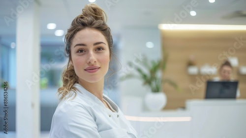 Young woman in white lab coat smiling standing in modern office with blurred background looking to the side.