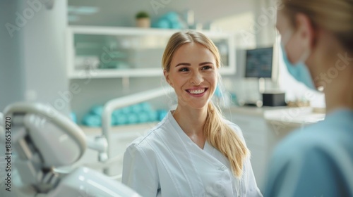 Smiling dental hygienist in white uniform engaged in conversation with patient in modern dental office.