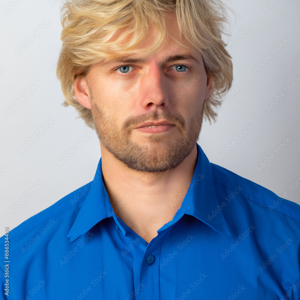 Portrait photo of a male caucasian human with blonde hair and blue shirt Portrait photo of a male caucasian human with blonde hair and blue shirt