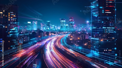 Fototapeta Naklejka Na Ścianę i Meble -  Futuristic Smart City Illuminated by Neon Lights and Holographic Ads Showcasing Advanced Urban Technology