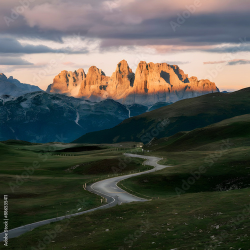 Meandering narrow path up in the hills, in a valley leading to a sunset lgiht pike photo