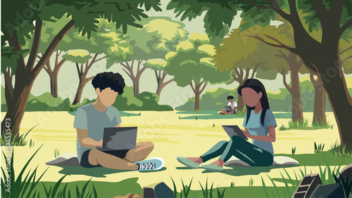 Illustration of people working on laptops while sitting in a park, surrounded by trees and greenery, creating a serene and productive outdoor environment perfect for remote work or study.