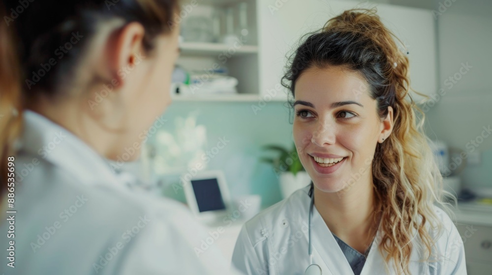 A smiling woman in a white lab coat engaged in a conversation with another person in a brightly lit modern medical office setting. A smiling woman in a white lab coat engaged in a conversation with another person in a brightly lit modern medical office setting.