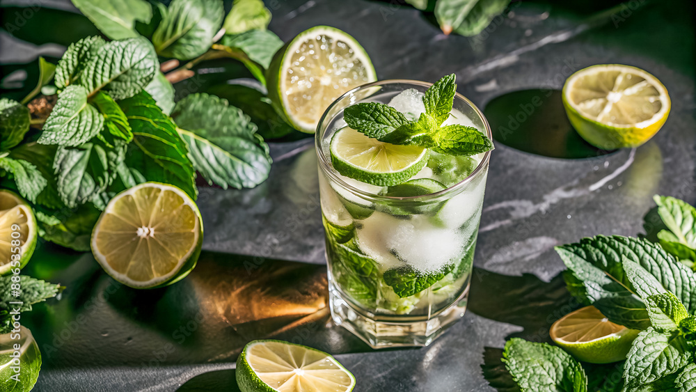 Refreshing Mojito: Perfect Summer Cocktail Garnished with Fresh Mint and Lime on Greyish Surface Close Up Perfect for Restaurant menus,Social media posts,Food blogs,Marketing materials,Flyers,Cookbook Refreshing Mojito: Perfect Summer Cocktail Garnished with Fresh Mint and Lime on Greyish Surface Close Up Perfect for Restaurant menus,Social media posts,Food blogs,Marketing materials,Flyers,Cookbook