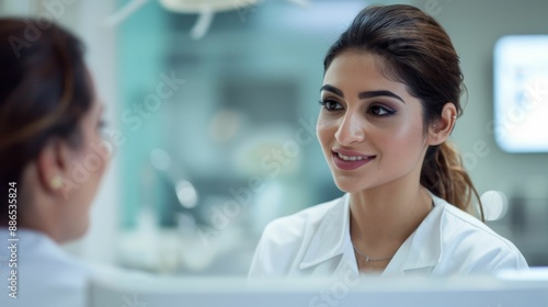 A woman in a white lab coat with a warm smile engaged in a conversation with another person reflected in a mirror.