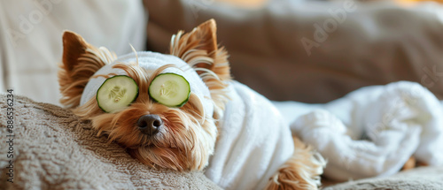 Yorkie wearing a White towel wrap and cucumber enjoy spa in pet shop