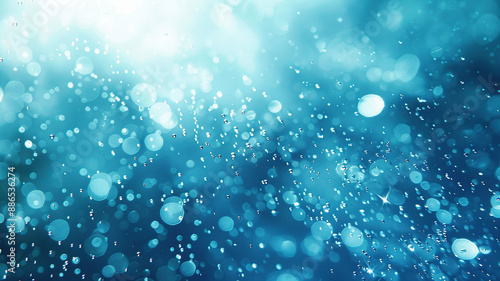 Water texture with drops and splashes on a blurred blue background. Generated by artificial intelligence