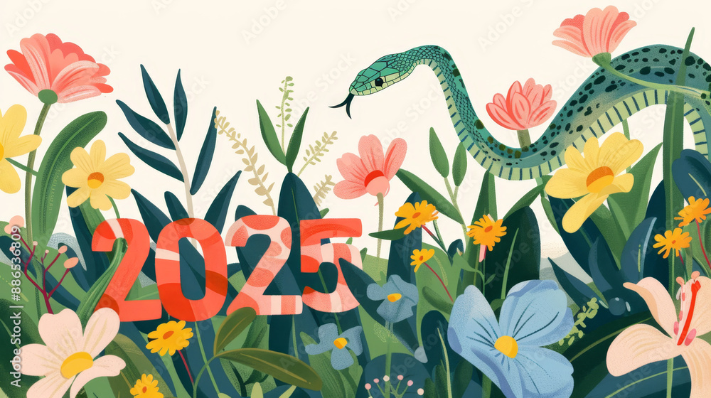 Obraz premium Colorful 2025 Typography in Floral Spring Nature with Snake Illustration