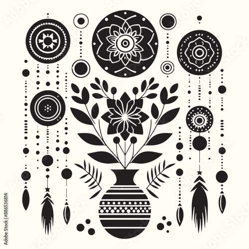 Boho Flower Decoration Elements Silhouette Vector Illustration