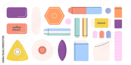 Set of eraser, gum tools. Office, school rubber supplies for erasing pencil marks. Vector