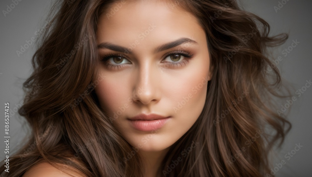 A beautiful young woman with long brown hair. She has a well-defined nose and is looking directly at the camera. A beautiful young woman with long brown hair. She has a well-defined nose and is looking directly at the camera.