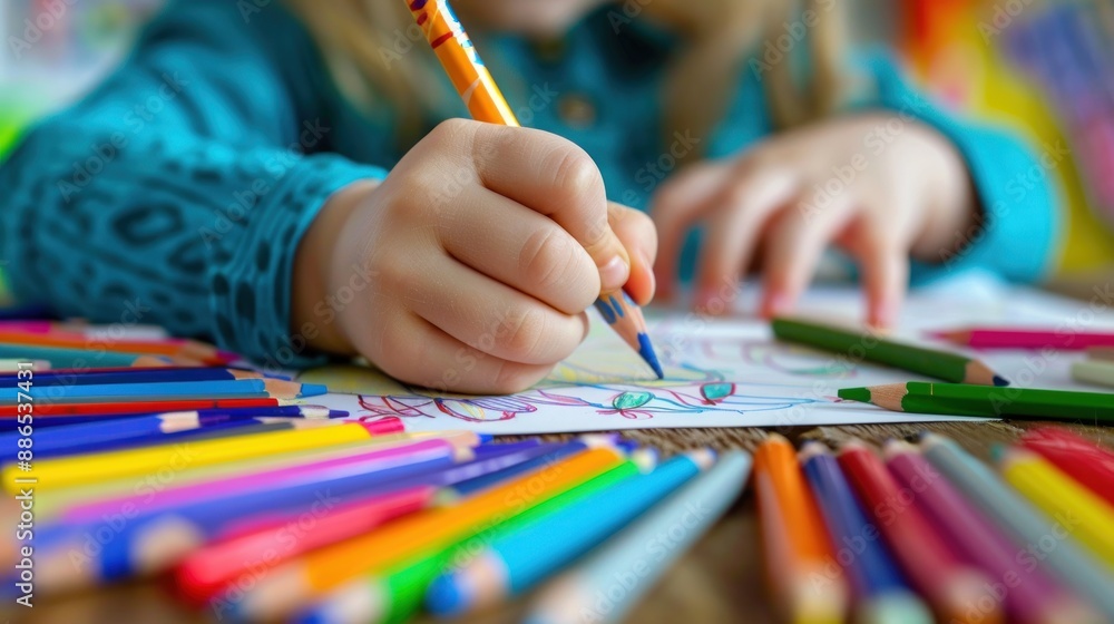 Child drawing with crayons at a classroom table Child drawing with crayons at a classroom table