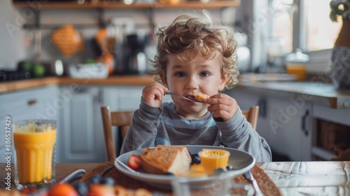 Child eating breakfast with family at the kitchen table