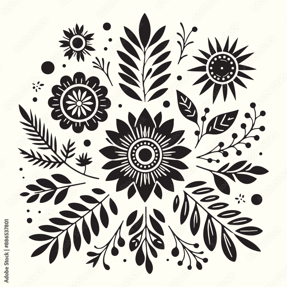 Fototapeta premium Boho Flower Decoration Elements Silhouette Vector Illustration