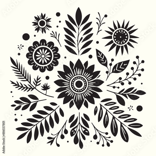 Boho Flower Decoration Elements Silhouette Vector Illustration